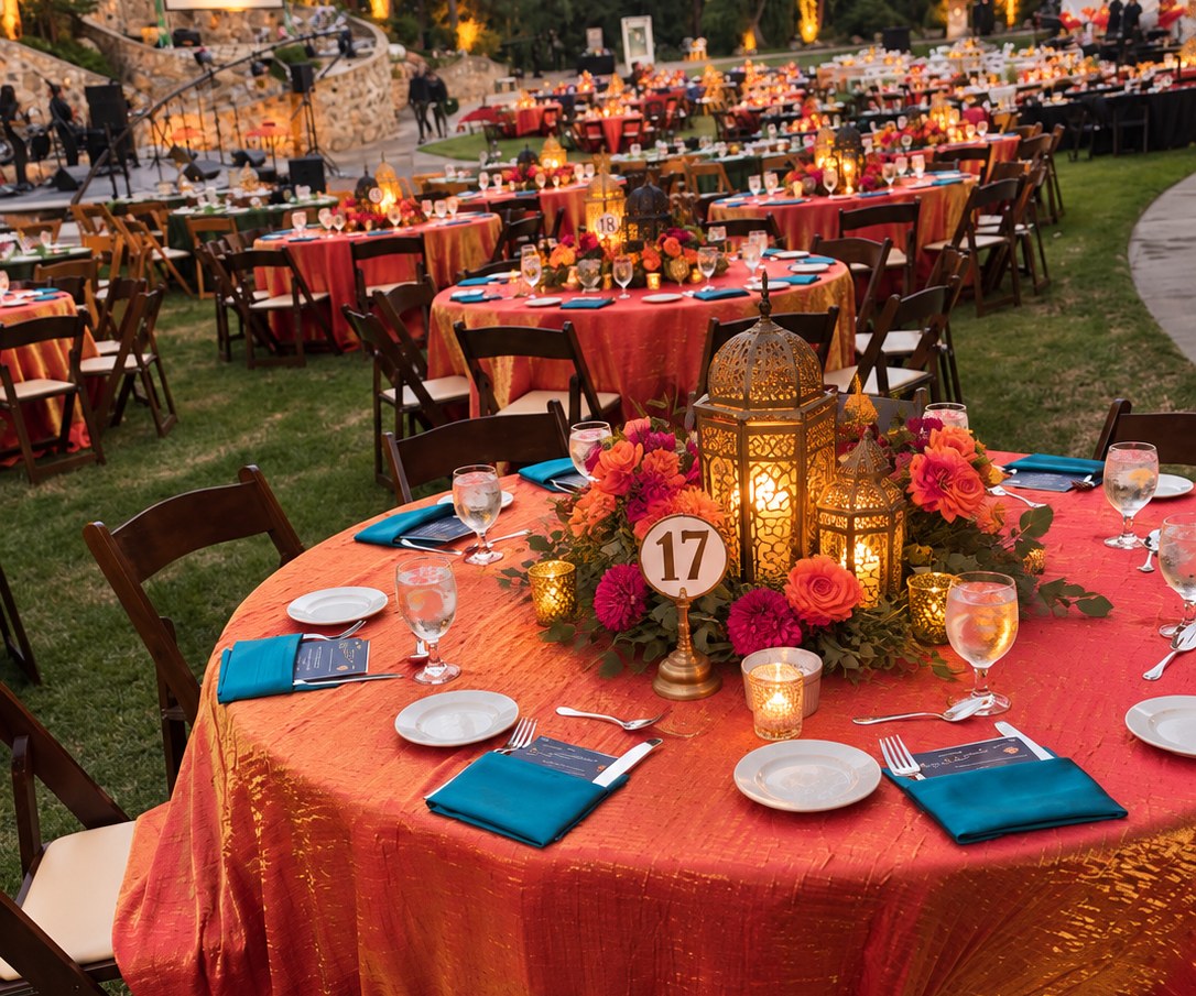 Candlelit garden gala with vibrant table settings and floral centerpieces