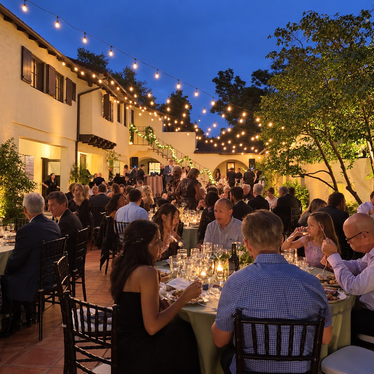 Courtyard dinner with guests seated beneath string lights