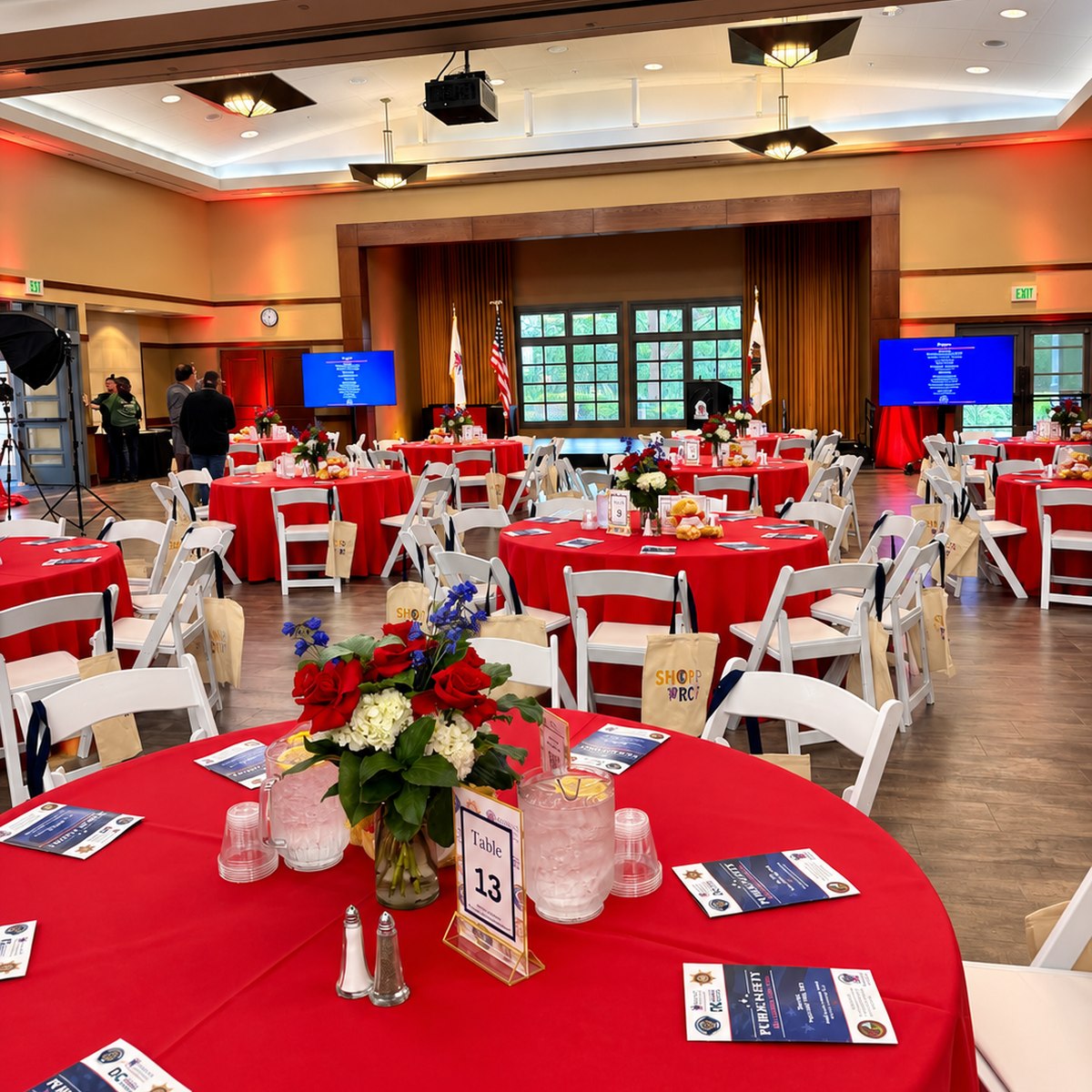 Public safety awards luncheon with red table linens